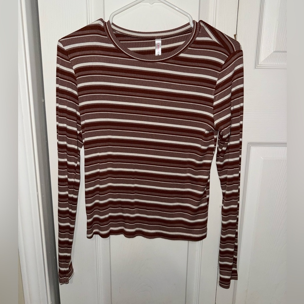 Striped Long Sleeve Top - Brown and White
